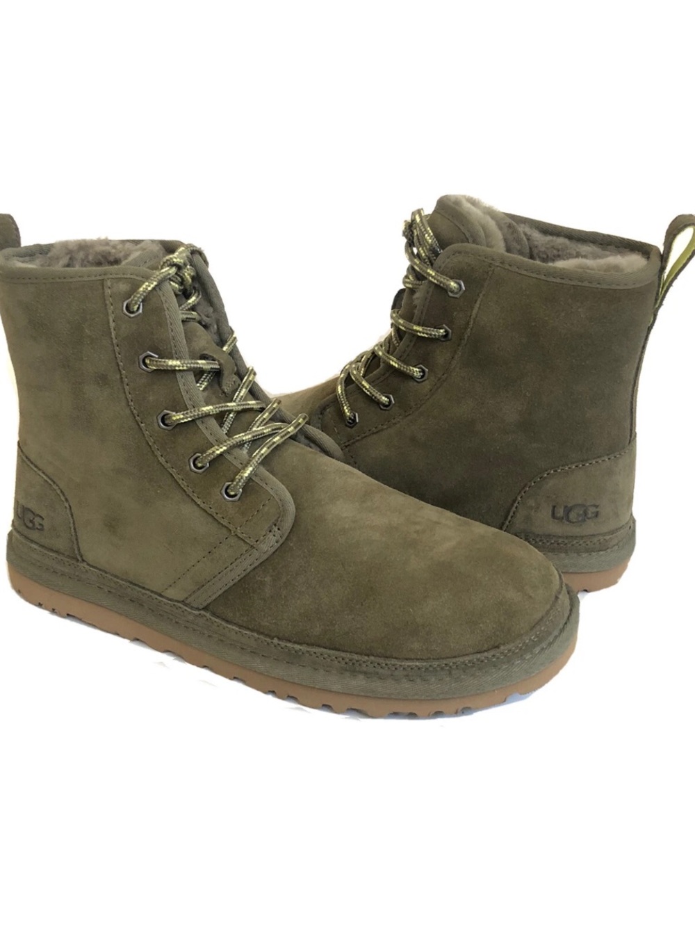 NWOT UGG NEUMEL SHEARLING Olive Green Suede Lace-Up Shearling Ankle Boots Sz 10